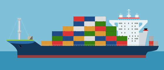 Cargo Container ship side view. Freight Transportation concept. High detailed vector illustration.