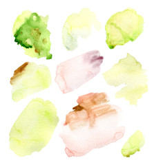 Set of soft green and creamy watercolor brush strokes