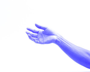 Man hand with blue skin tone effect on white background