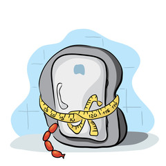 reminder of a healthy lifestyle. thick fridge full of food rolled up with measuring tape around