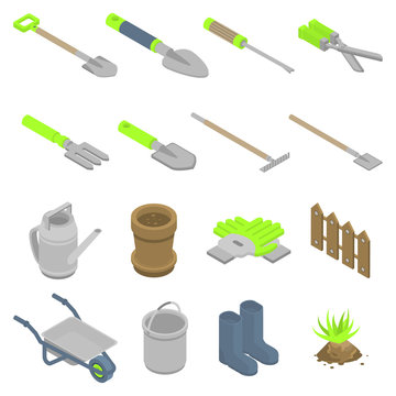 Gardening tools icons set. Isometric set of gardening tools vector icons for web design isolated on white background