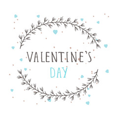 Vector hand drawn illustration of text VALENTINE'S DAY and floral round frame on white background. Colorful.