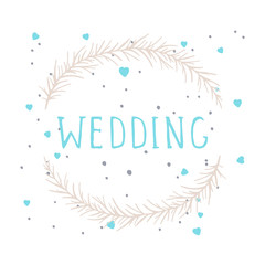 Vector hand drawn illustration of text WEDDING and floral round frame on white background. 