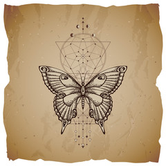 Vector illustration with hand drawn butterfly and Sacred geometric symbol on vintage paper background with torn edges. Abstract mystic sign.