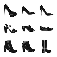 Vector illustration of footwear and woman sign. Set of footwear and foot stock symbol for web.