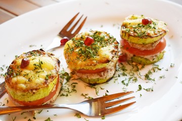 Vegetarian appetizer of fried vegetables with sauce close-up vertically.