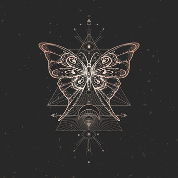Vector illustration with hand drawn butterfly and Sacred geometric symbol on black vintage background. Abstract mystic sign.