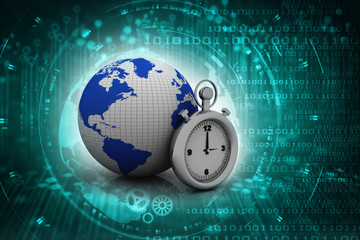 3d illustration stopwatch with globe