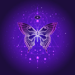 Vector illustration with hand drawn butterfly and Sacred geometric symbol against night starry sky. Abstract mystic sign.