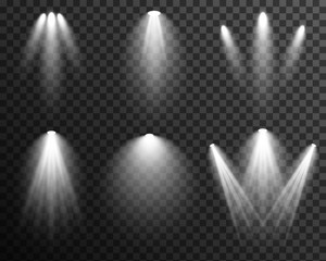 Spotlight illuminated scene set collection, stage, podium light effect vector transparent