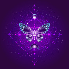 Vector illustration with hand drawn butterfly and Sacred geometric symbol against night starry sky. Abstract mystic sign.