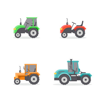 Vector set of types of tractors. Four icons of different tractor. Agricultural machinery.