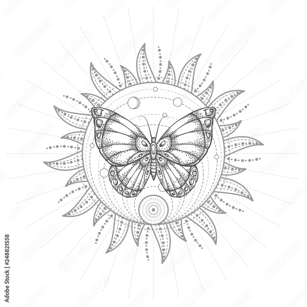 Wall mural vector illustration with hand drawn butterfly and sacred geometric symbol on white background. abstr