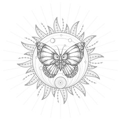 Vector illustration with hand drawn butterfly and Sacred geometric symbol on white background. Abstract mystic sign. Black linear shape.