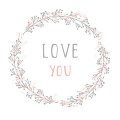 Vector hand drawn illustration of text IN LOVE and floral round frame on white background. Colorful.