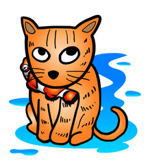 Hand drawn orange Cat bite clownfish with water on ground