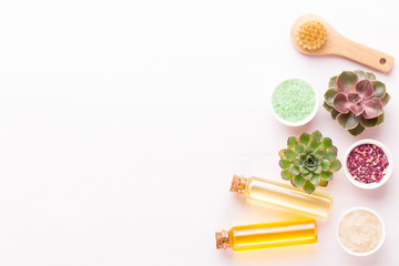 Spa background with handmade bio cosmetic and  cactus composition, flat lay, space for a text - Image.