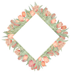Watercolor frame with tulips. Drawn by hand. Ideal for logo, wedding invitations, cards, posters