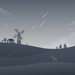 Windmill Dark Night Sky Landscape Landscape Falling Stars Nature Background