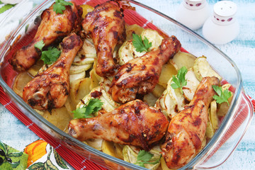 Baked chicken drumstick with potatoes and zucchini in glass form. The photo has a fork, knife and jars of salt and pepper