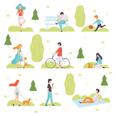People Walking, Doing Sports, Relaxing in Park, Men and Women Enjoying Nature Outdoors, Leisure Outdoor Activities Vector Illustration