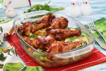 Baked chicken drumstick with potatoes and zucchini in glass form. The photo has a fork, knife and jars of salt and pepper