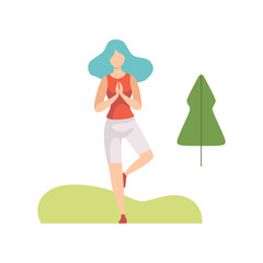 Young Woman Doing Yoga Exercise in Park, Girl Relaxing and Enjoying Nature Outdoors Vector Illustration