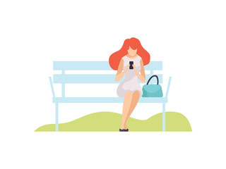 Girl Using Smartphone While Sitting on Bench in Park, Young Woman Relaxing and Enjoying Nature Outdoors Vector Illustration
