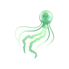 Jellyfish, Beautiful Green Swimming Marine Underwater Creature, Glowing Transparent Medusa Vector Illustration