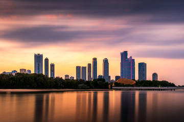 Sunset over emirate of Sharjah long exposure