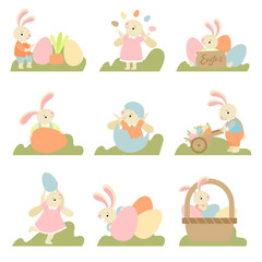 Obraz premium Collection of Cute Bunnies with Colorful Eggs, Happy Easter, Design Element for Greeting Card, Invitation, Poster, Banner Vector Illustration