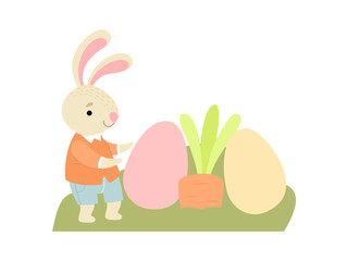 Cute Bunny Playing with Colorful Eggs in Garden, Happy Easter Vector Illustration