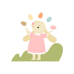 Cute Bunny in Pink Dress Juggling with Colorful Eggs, Happy Easter Vector Illustration
