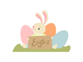 Cute Bunny with Eggs, Happy Easter, Design Element for Greeting Card, Invitation, Poster, Banner Vector Illustration