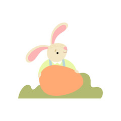 Cute Bunny Holding Big Egg, Happy Easter, Design Element for Greeting Card, Invitation, Poster, Banner Vector Illustration