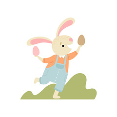 Happy Cute Bunny Having Fun with Eggs, Happy Easter, Design Element for Greeting Card, Invitation, Poster, Banner Vector Illustration