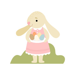 Happy Cute Bunny in Pink Dress Holding Plate with Colorful Eggs, Happy Easter, Design Element for Greeting Card, Invitation, Poster, Banner Vector Illustration