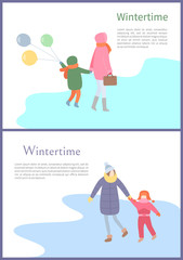 Set of walking mum with kid in wintertime in down-jacket and winter-suit with scarf and mittens with hat. Back and side view of people with text vector