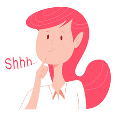 Shhh vector concept cartoon illustration with cute girl and silence gesture with finger near lips isolated on white background.