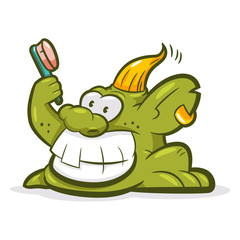 Smiling troll with a toothbrush. Vector cartoon monster character isolated on white background.