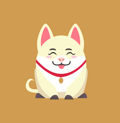 White sitting pig with pendant, showing tongue vector. Chinese horoscope piglet, New Year symbol in cartoon style. Isolated cheerful piggy on brown