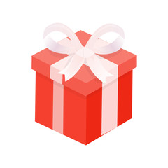 Red present with winding wide ribbon and big bow. Illustration of single Christmas gift box, 3D icon isolated on white, element for decoration vector