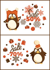 Christmas sale penguin in hat with pompon. Card decorated orange packages and pattern of snowflakes. Seabird in funny headdress, holiday discount vector