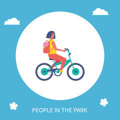 Fototapeta na wymiar People in park poster girl riding bike cartoon vector with circle. Teenager in casual clothes and backpack cycling in park or city road, healthy lifestyle