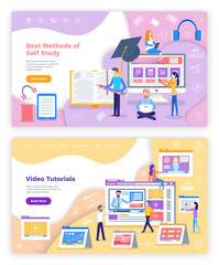 Methods of self study and video tutorials set vector. Website with information, headphones and graduation hat, tablets with pencil for drawing teachers
