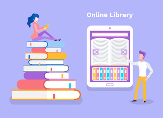 Online library woman sitting on pile of books vector. Lady studying, self education, man standing by ebook with opened literary work. Access to material