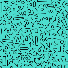 Fototapeta premium Hand draw black geometric memphis pattern 80's-90's styles on blue background.