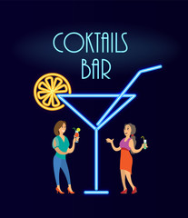 Cocktails bar, women in evening dress standing near big neon glass. Ladies speaking and drinking alcohol. Modern light design illumination vector