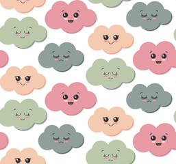 Vector seamless pattern with cute smiling colorful clouds.