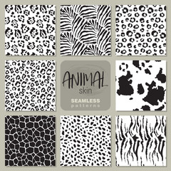 Materiał do szycia Collection of eight vector seamless patterns with animal skin zebra, leopard, jaguar, giraffe cow.